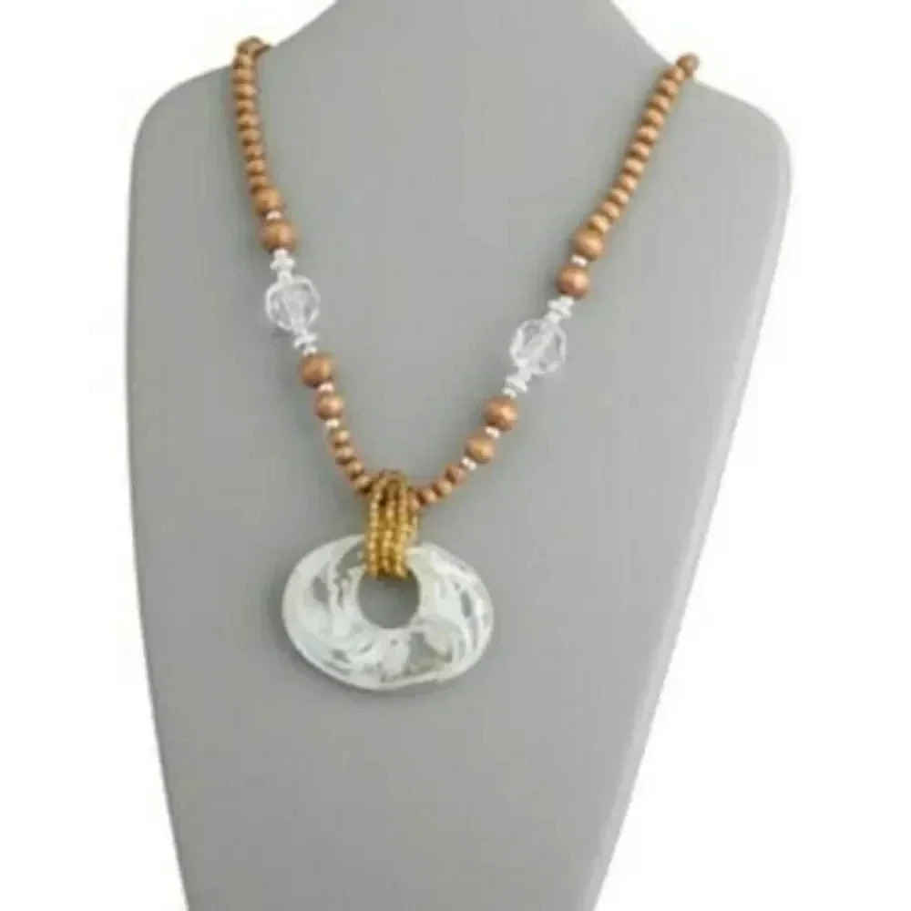 Bold Retro Brown Clear & White Wood and Lucite Acrylic Pendant Necklace 28" Long